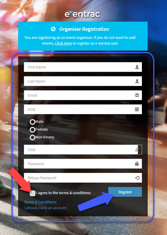 eventrac, How to create an Organiser Account